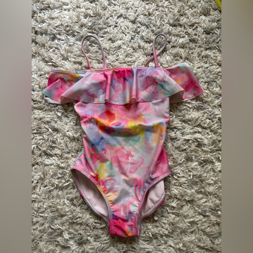 Cat & Jack Girls Swimsuit One-piece Size 8 watercolor Colorful Ruffled